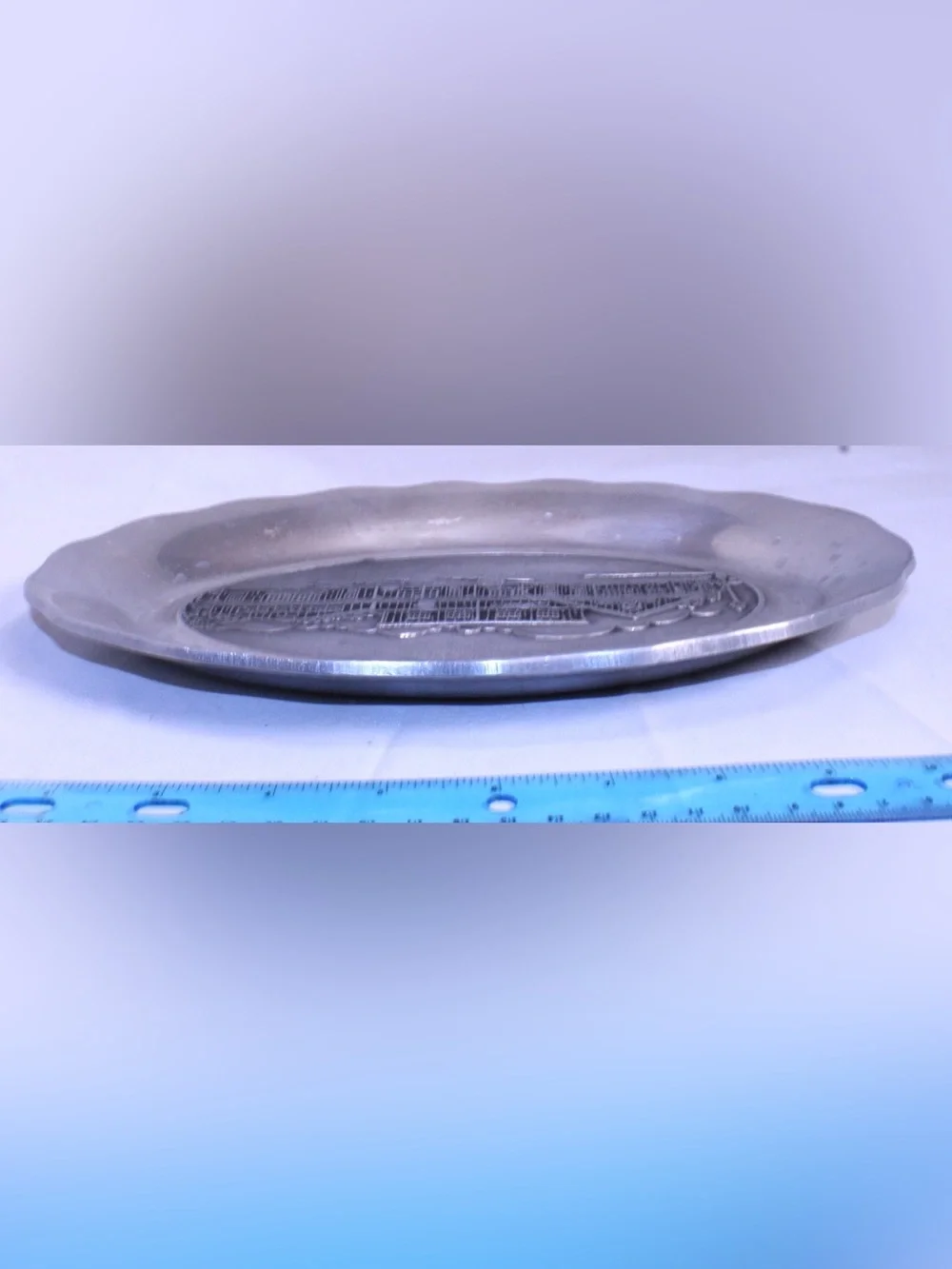 Vintage Pewter Oval Platter Old Town Hall Commemorative Embossed Serving Plate